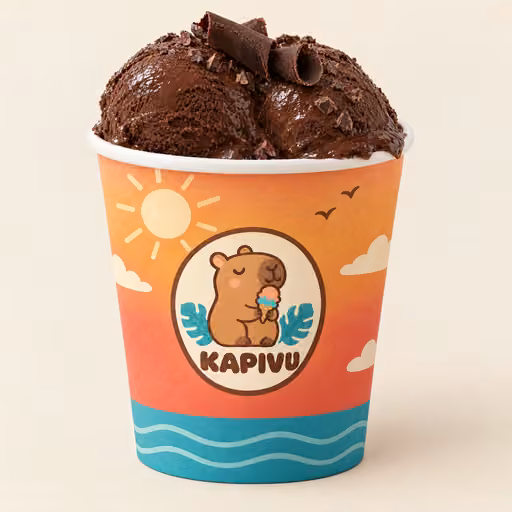 Copinho Kapivu com sol e céu, duas bolas de gelato de chocolate amargo e lascas de chocolate