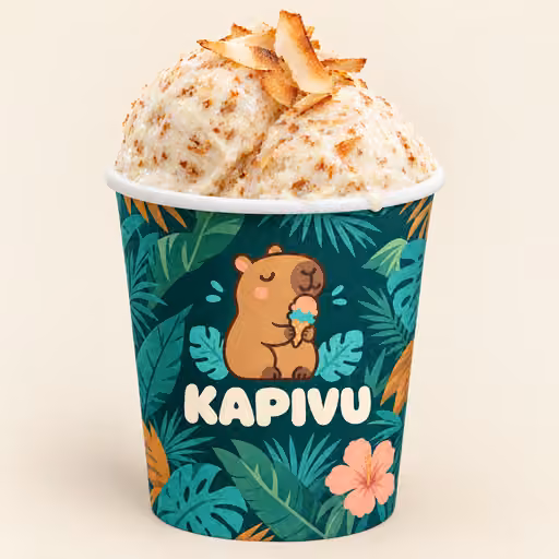 Copinho Kapivu de folhagem tropical, duas bolas de sorbet de coco queimado e lascas de coco tostado