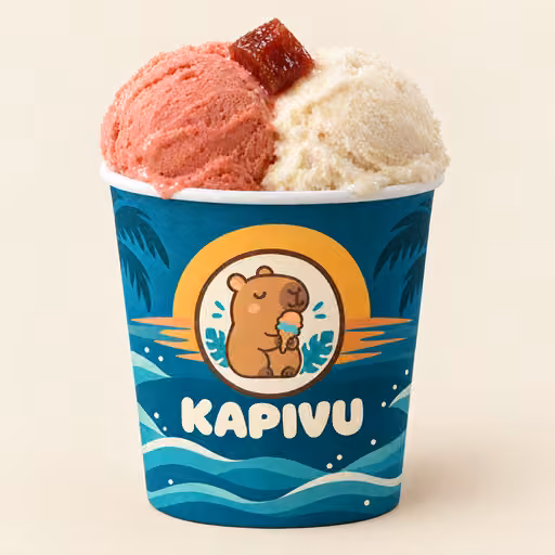 Copinho Kapivu com oceano ao pôr do sol, uma bola de gelato de goiaba e outra de queijo minas, com um cubo de goiabada