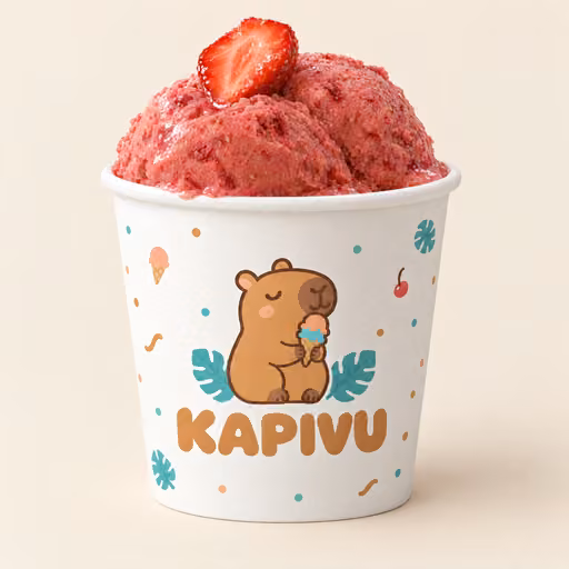 Copinho Kapivu branco com confetes coloridos, duas bolas de gelato de morango e meio morango fresco