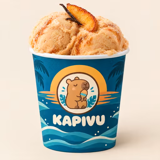 Copinho Kapivu com oceano ao pôr do sol, duas bolas de gelato de pêssego assado e uma fatia de pêssego