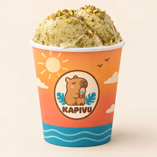 Copinho Kapivu com sol e céu, duas bolas de gelato de pistache e pistaches picados